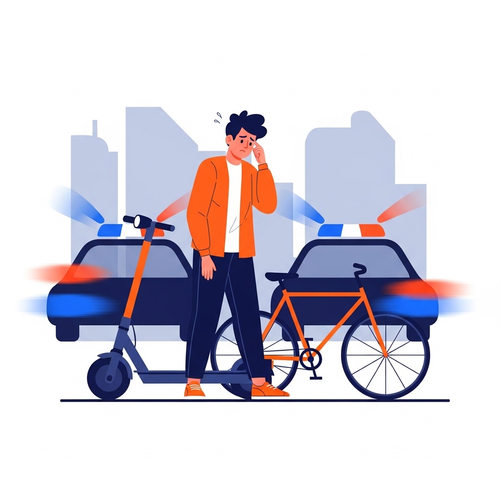 Besorgter Mann steht zwischen E-Scooter und Fahrrad vor einem Polizeiauto mit Blaulicht – Symbolbild für eine MPU nach Alkoholfahrt auf dem Zweirad